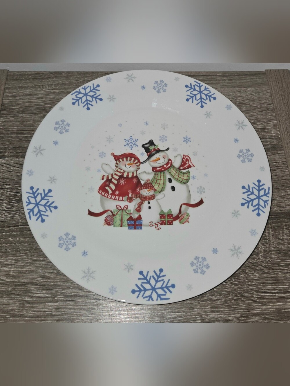 Jolly Snowmen Snowflake Dinner Plate Dolengorp Stoneware White Blue 10"
